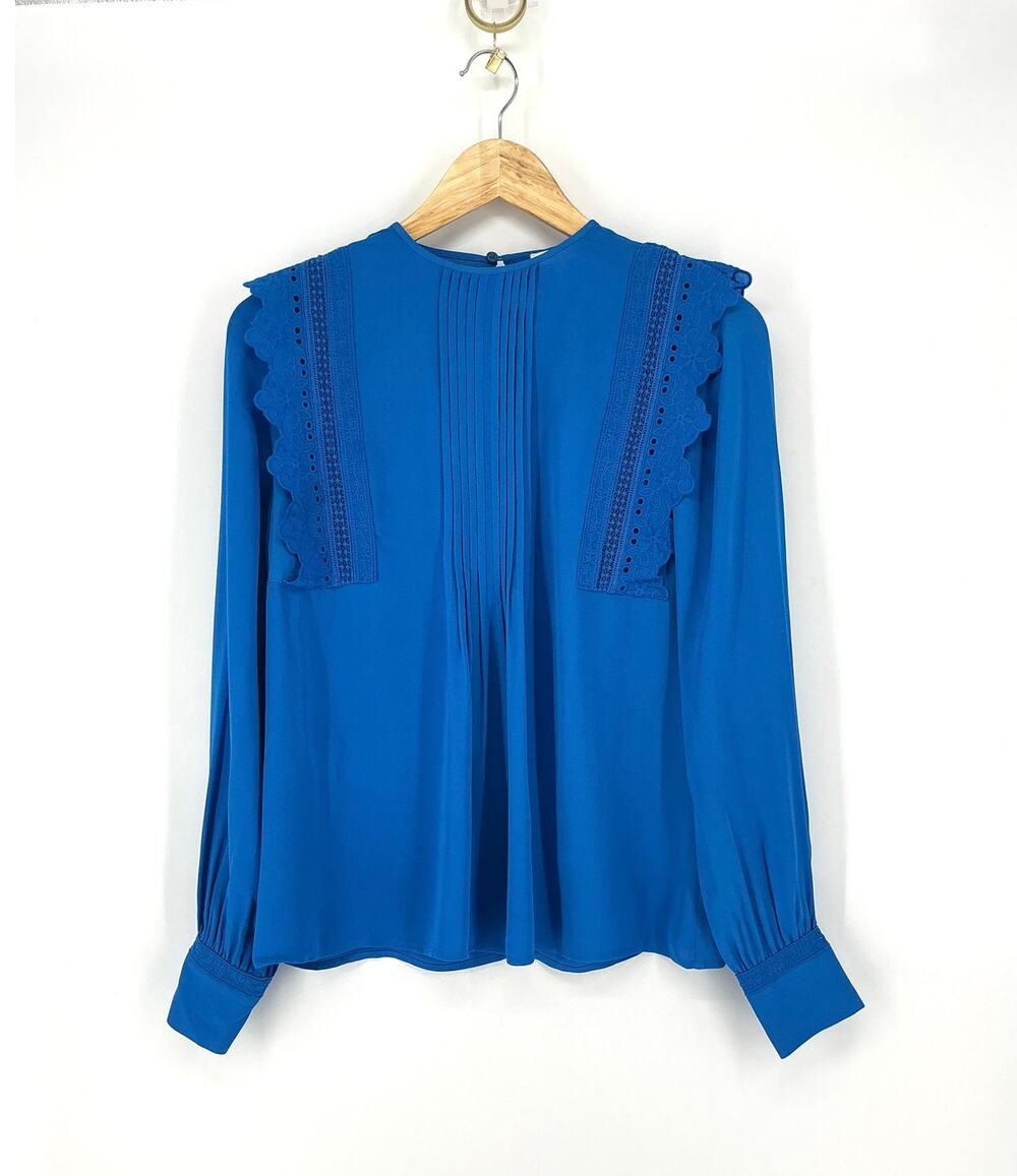 REISS Bexley Cobalt Blue Lace Pleated Blouse Women's US 0 UK 4 NWT $240